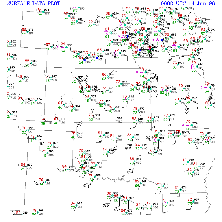 Surface Observations Map at 1 AM CDT, June 14, 1998