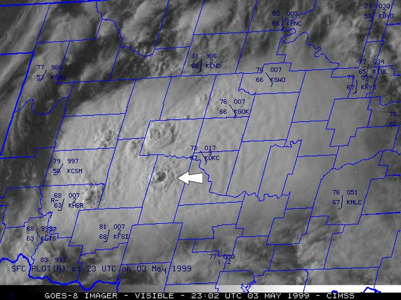 Visible satellite image with surface observations over central Oklahoma