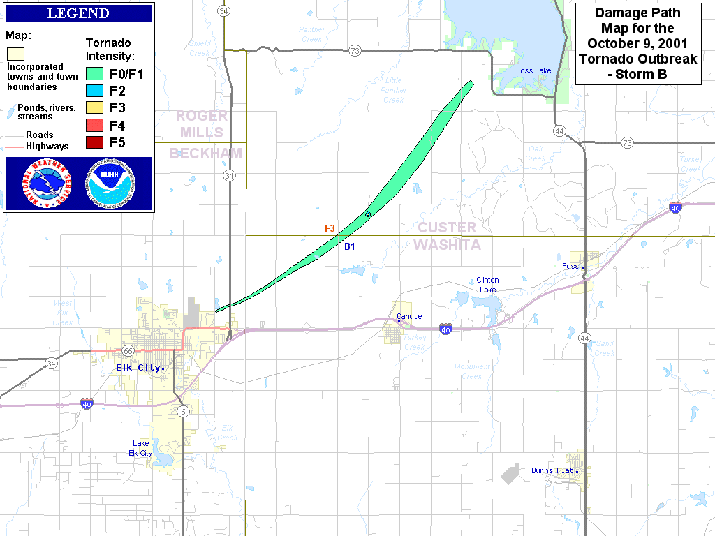 Damage Path Map for Tornadoes produced by Storm B on October 9, 2001