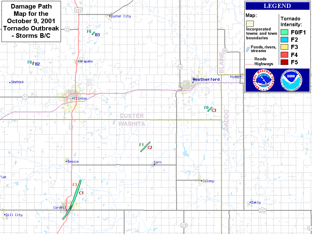 Damage Path Map for Tornadoes produced by Storms B & C on October 9, 2001