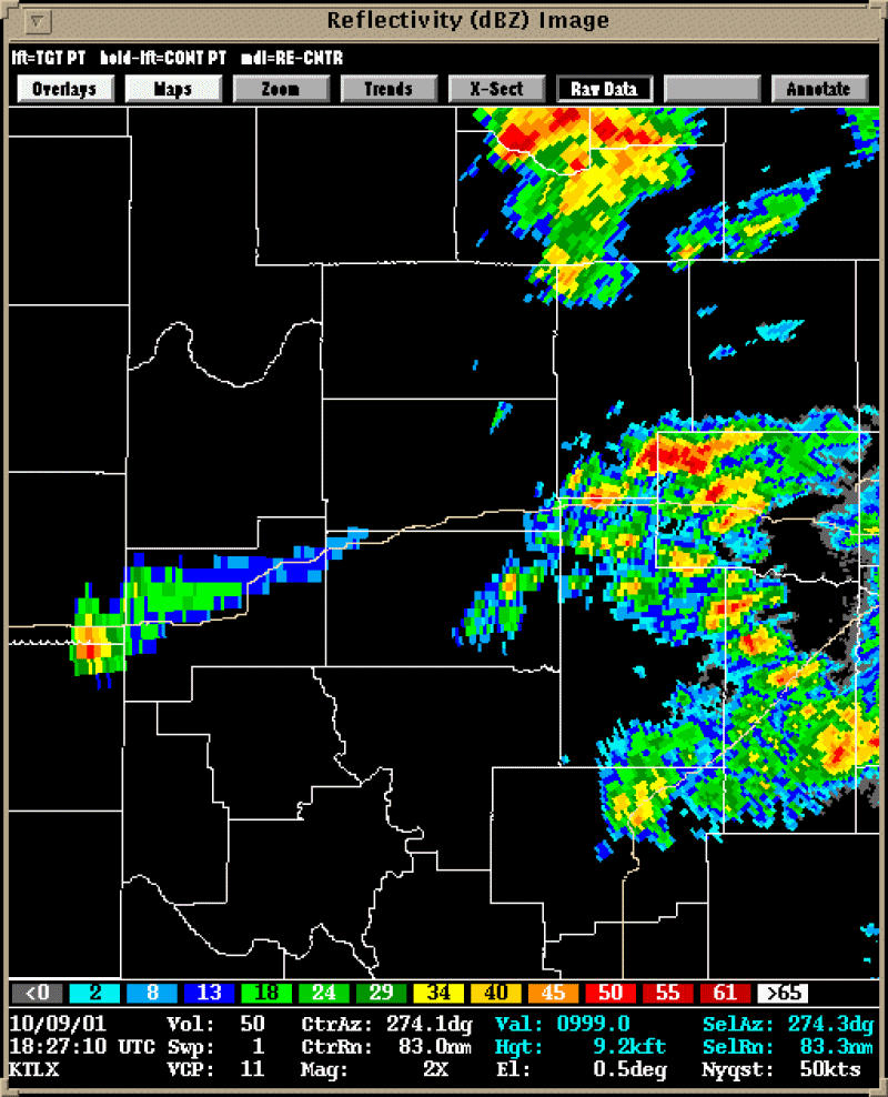 Twin Lakes, OK (KTLX) Radar Loop with Zoomed-in View of Western Oklahoma for October 9, 2001