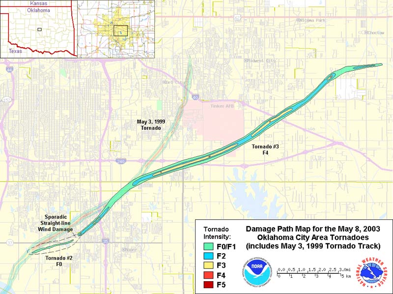 Approximate Damage Paths of the May 8, 2003 OKC Area Tornadoes Compared to the May 3, 1999 F5 Tornado