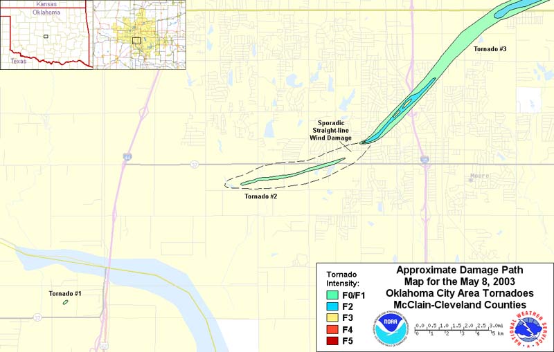 Approximate Damage Paths of the May 8, 2003 OKC Area Tornadoes in and near Moore, Oklahoma