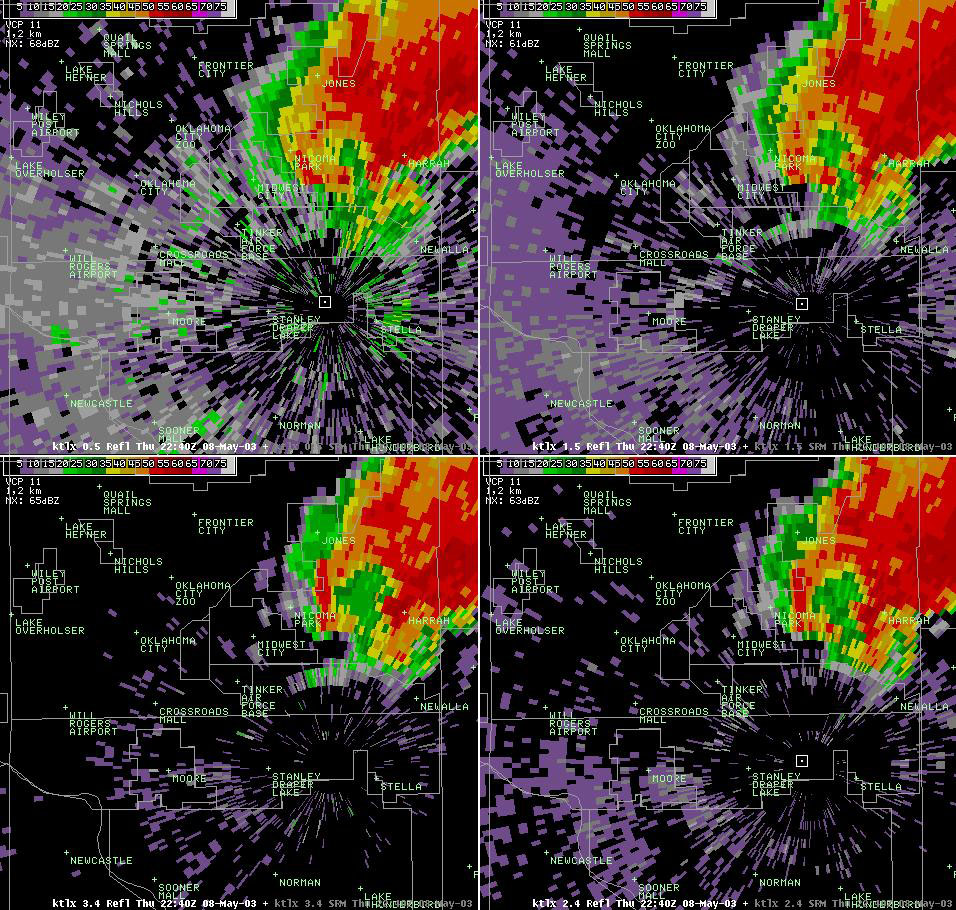 Twin Lakes, OK (KTLX) 4-panel Radar Reflectivity Display for 5:40 pm CDT, 5/08/2003