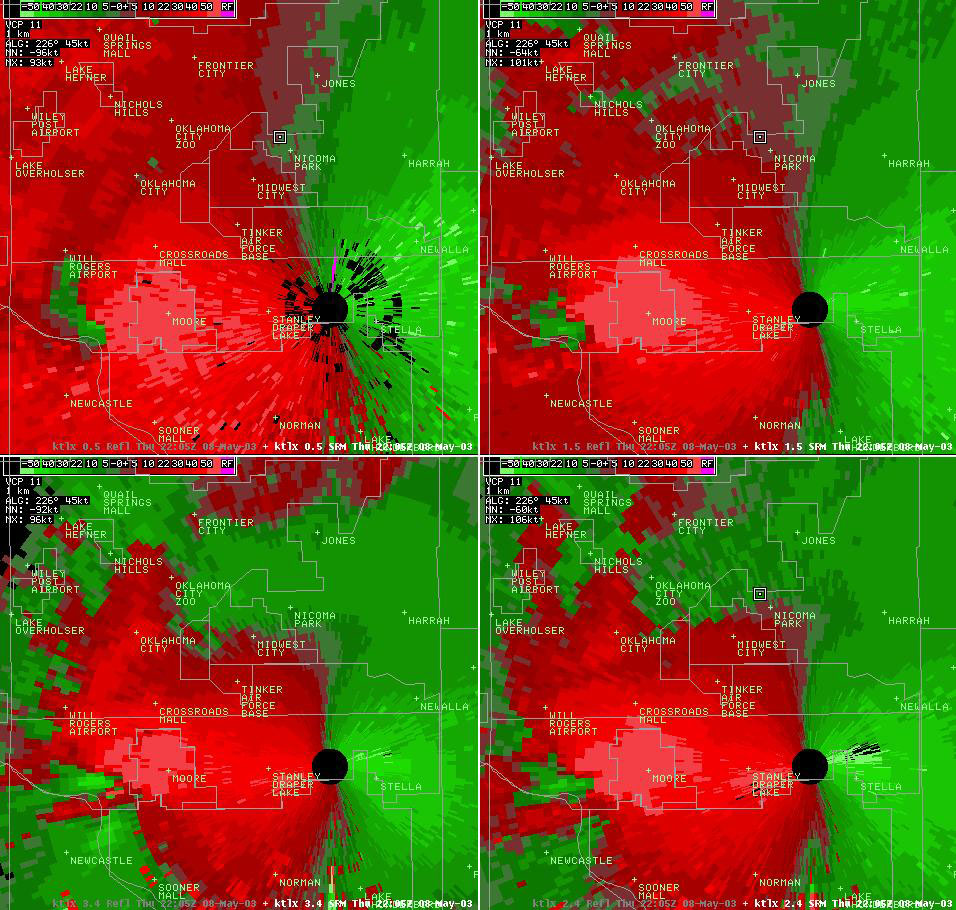 Twin Lakes, OK (KTLX) 4-panel Storm Relative Velocity Display for 5:05 pm CDT, 5/08/2003