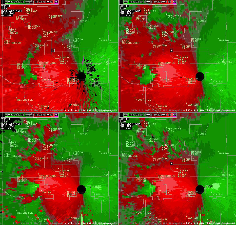 Twin Lakes, OK (KTLX) 4-panel Storm Relative Velocity Display for 5:10 pm CDT, 5/08/2003