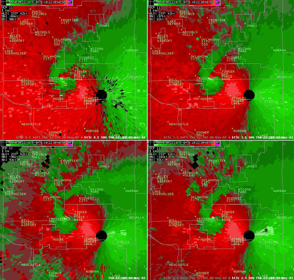 Twin Lakes, OK (KTLX) 4-panel Storm Relative Velocity Display for 5:20 pm CDT, 5/08/2003