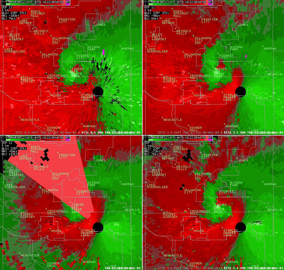 Twin Lakes, OK (KTLX) 4-panel Storm Relative Velocity Display for 5:25 pm CDT, 5/08/2003