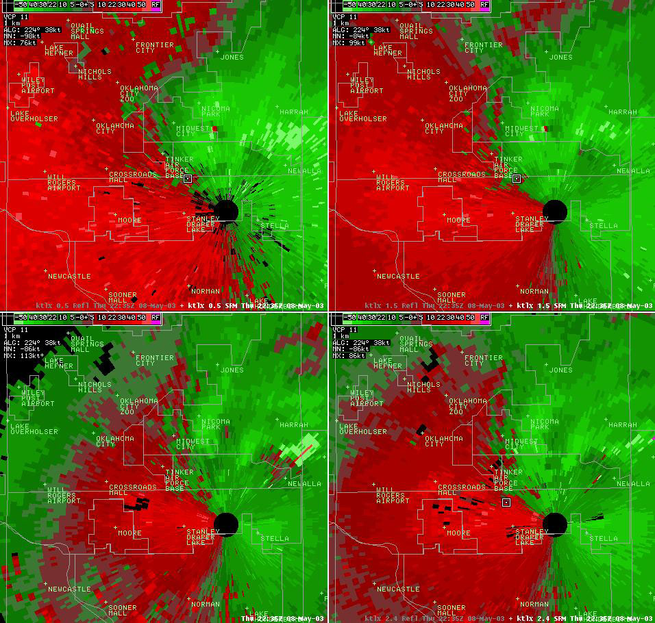 Twin Lakes, OK (KTLX) 4-panel Storm Relative Velocity Display for 5:35 pm CDT, 5/08/2003