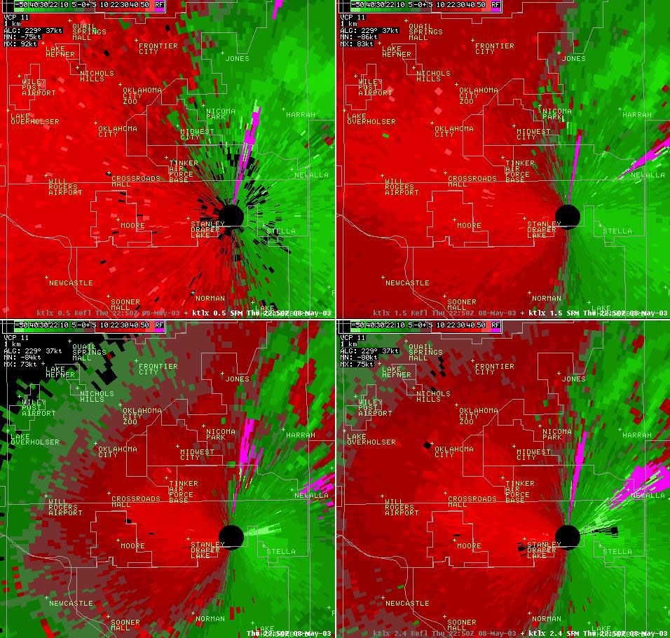Twin Lakes, OK (KTLX) 4-panel Storm Relative Velocity Display for 5:50 pm CDT, 5/08/2003