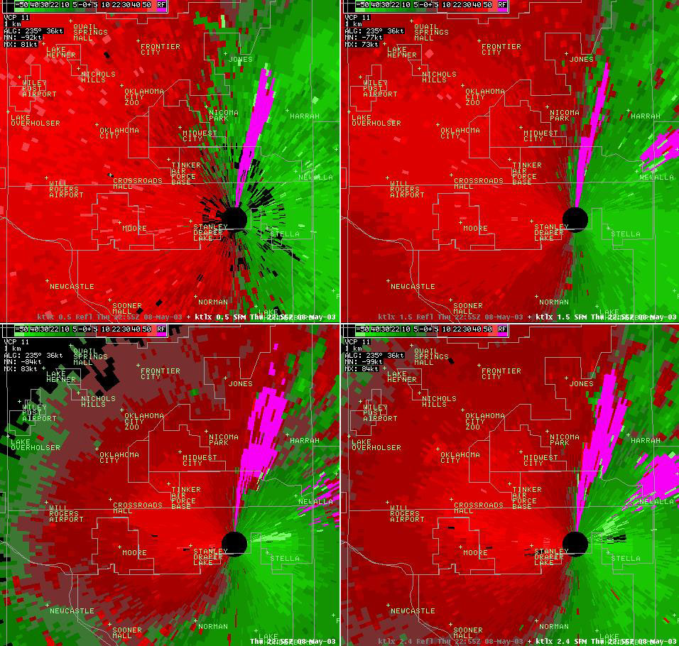 Twin Lakes, OK (KTLX) 4-panel Storm Relative Velocity Display for 5:55 pm CDT, 5/08/2003