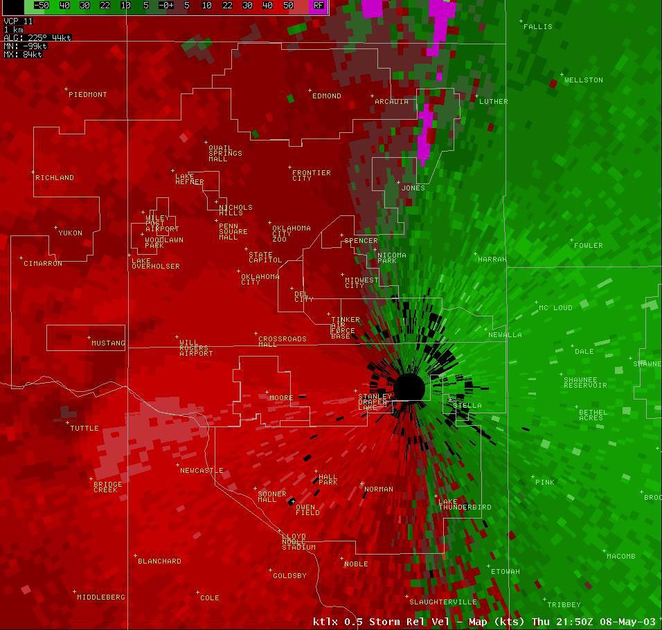 Twin Lakes, OK (KTLX) Storm Relative Velocity Display for 4:50 pm CDT, 5/08/2003