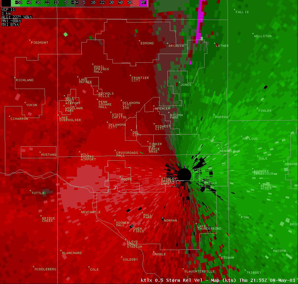 Twin Lakes, OK (KTLX) Storm Relative Velocity Display for 4:55 pm CDT, 5/08/2003
