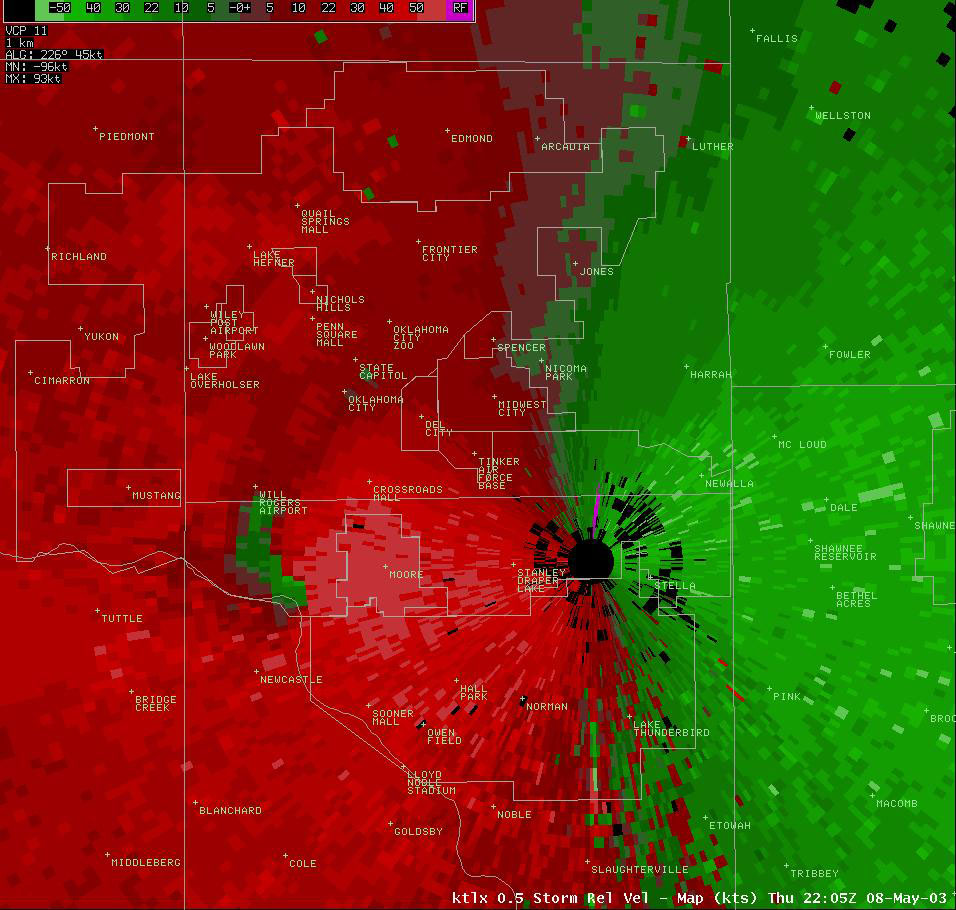 Twin Lakes, OK (KTLX) Storm Relative Velocity Display for 5:05 pm CDT, 5/08/2003