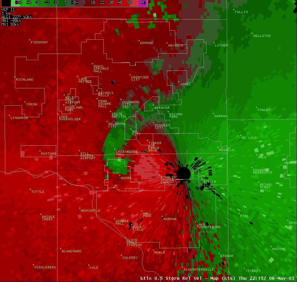 Twin Lakes, OK (KTLX) Storm Relative Velocity Display for 5:15 pm CDT, 5/08/2003
