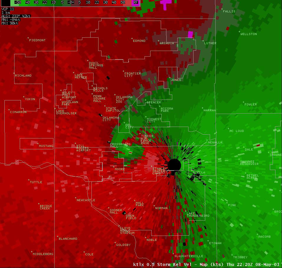 Twin Lakes, OK (KTLX) Storm Relative Velocity Display for 5:20 pm CDT, 5/08/2003