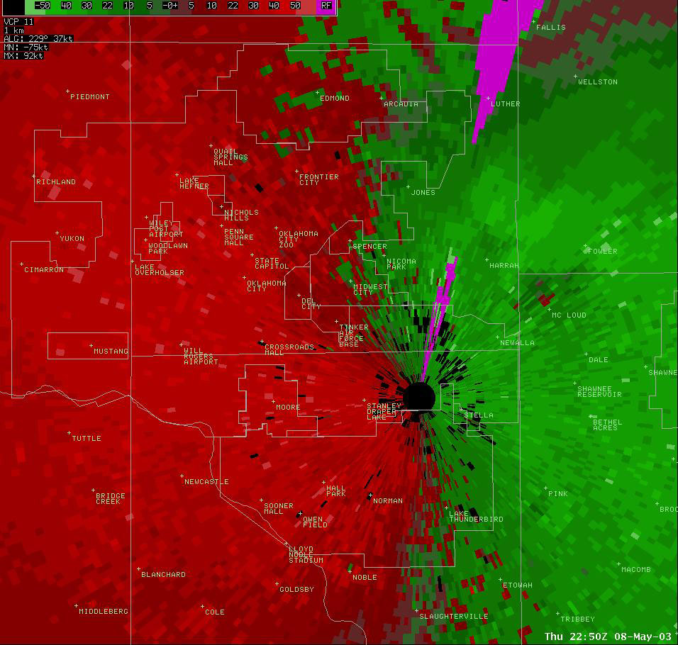 Twin Lakes, OK (KTLX) Storm Relative Velocity Display for 5:50 pm CDT, 5/08/2003