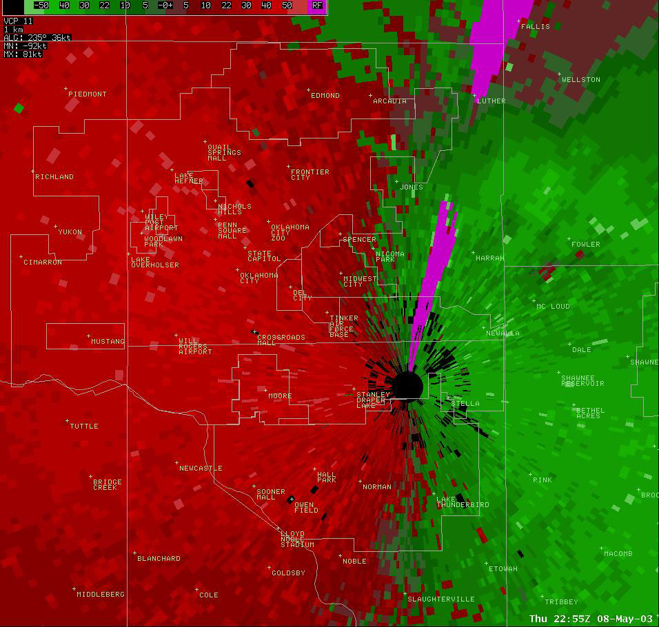 Twin Lakes, OK (KTLX) Storm Relative Velocity Display for 5:55 pm CDT, 5/08/2003