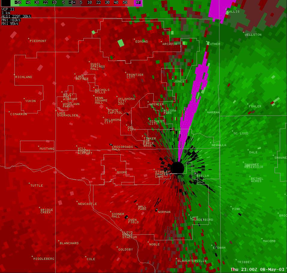 Twin Lakes, OK (KTLX) Storm Relative Velocity Display for 6:00 pm CDT, 5/08/2003