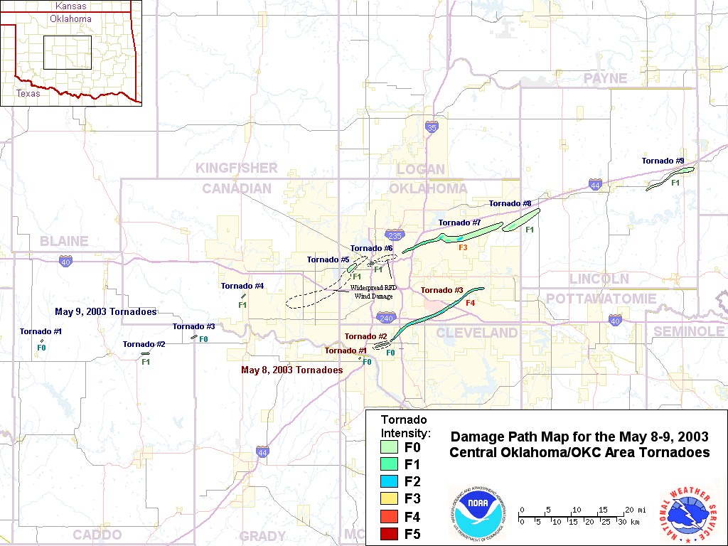 Composite Damage Track Map for the May 8-9, 2003 Central Oklahoma Tornadoes