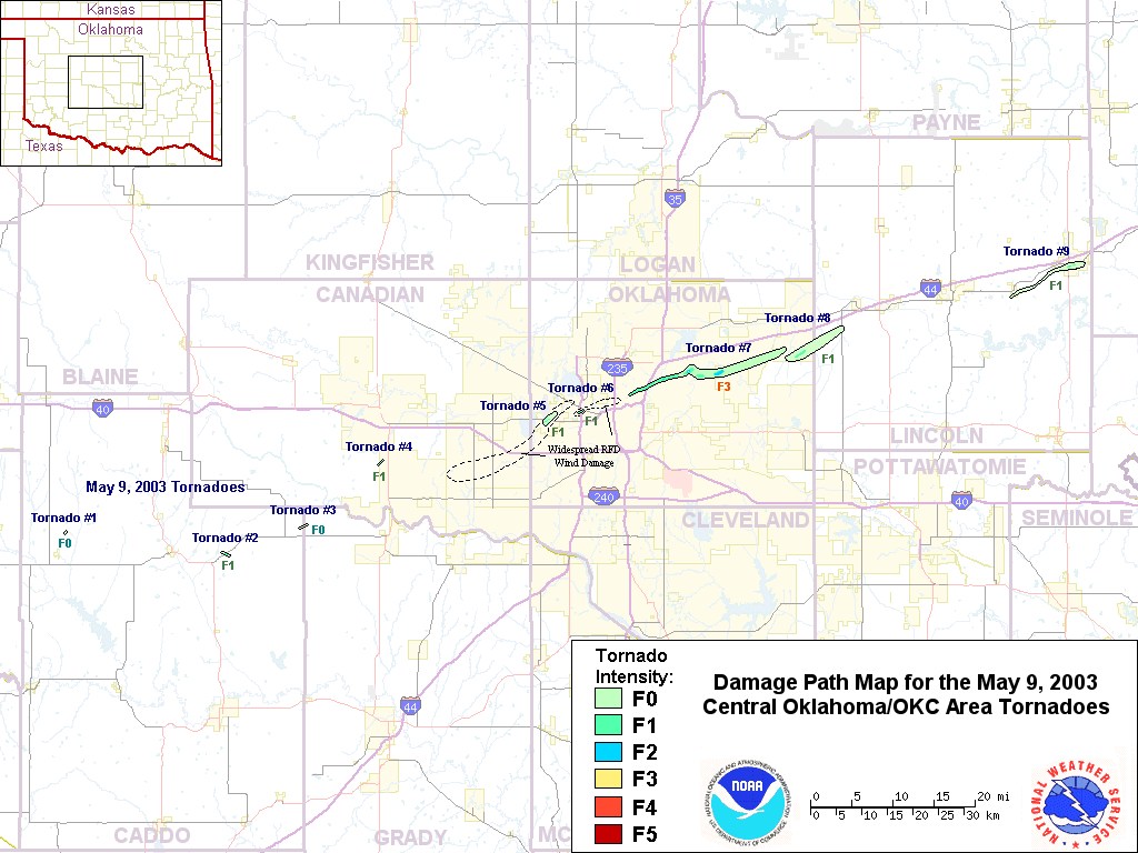 Damage Path Map for the May 9, 2003 Central Oklahoma Tornadoes