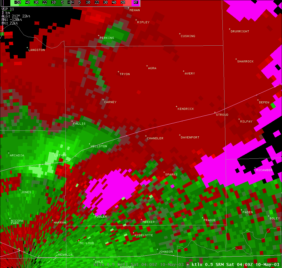 Twin Lakes, OK (KTLX) Storm Relative Velocity for 11:09 PM CDT, 5/09/2003