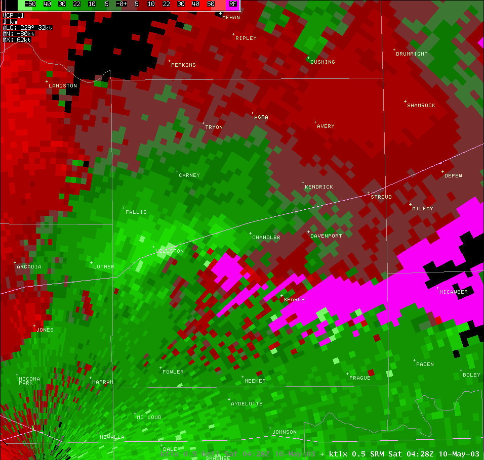 Twin Lakes, OK (KTLX) Storm Relative Velocity for 11:28 PM CDT, 5/09/2003