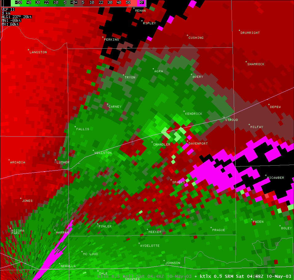 Twin Lakes, OK (KTLX) Storm Relative Velocity for 11:48 PM CDT, 5/09/2003