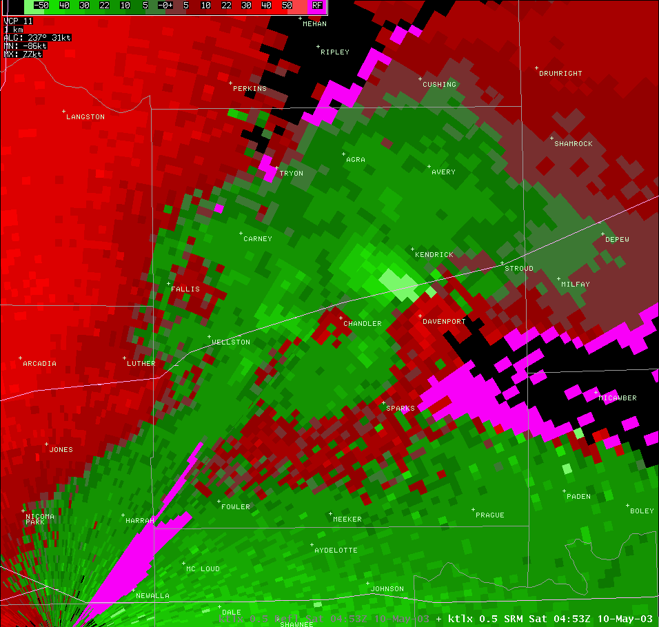 Twin Lakes, OK (KTLX) Storm Relative Velocity for 11:53 PM CDT, 5/09/2003