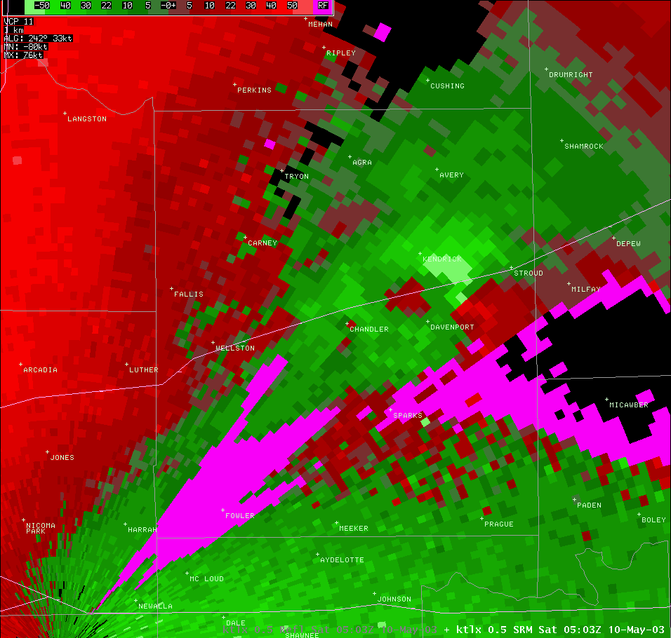 Twin Lakes, OK (KTLX) Storm Relative Velocity for 12:03 AM CDT, 5/10/2003