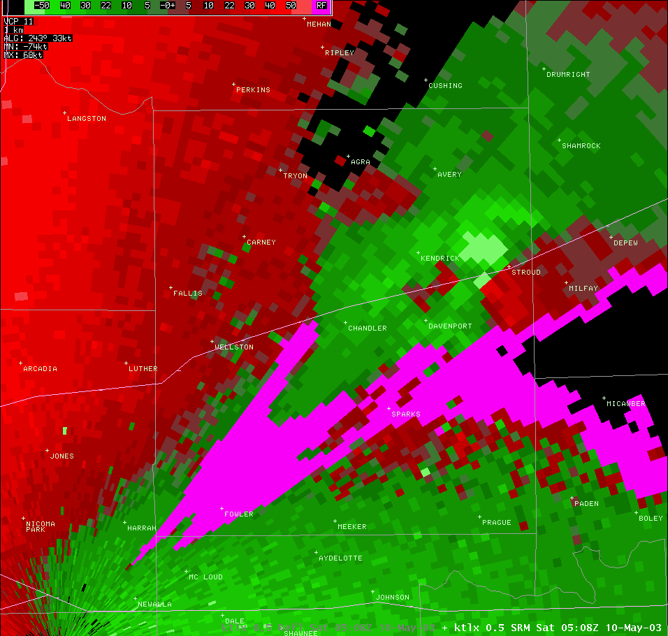 Twin Lakes, OK (KTLX) Storm Relative Velocity for 12:08 AM CDT, 5/10/2003