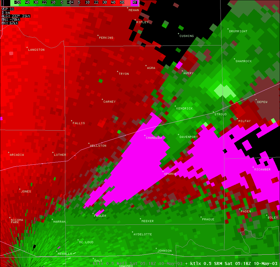 Twin Lakes, OK (KTLX) Storm Relative Velocity for 12:18 AM CDT, 5/10/2003