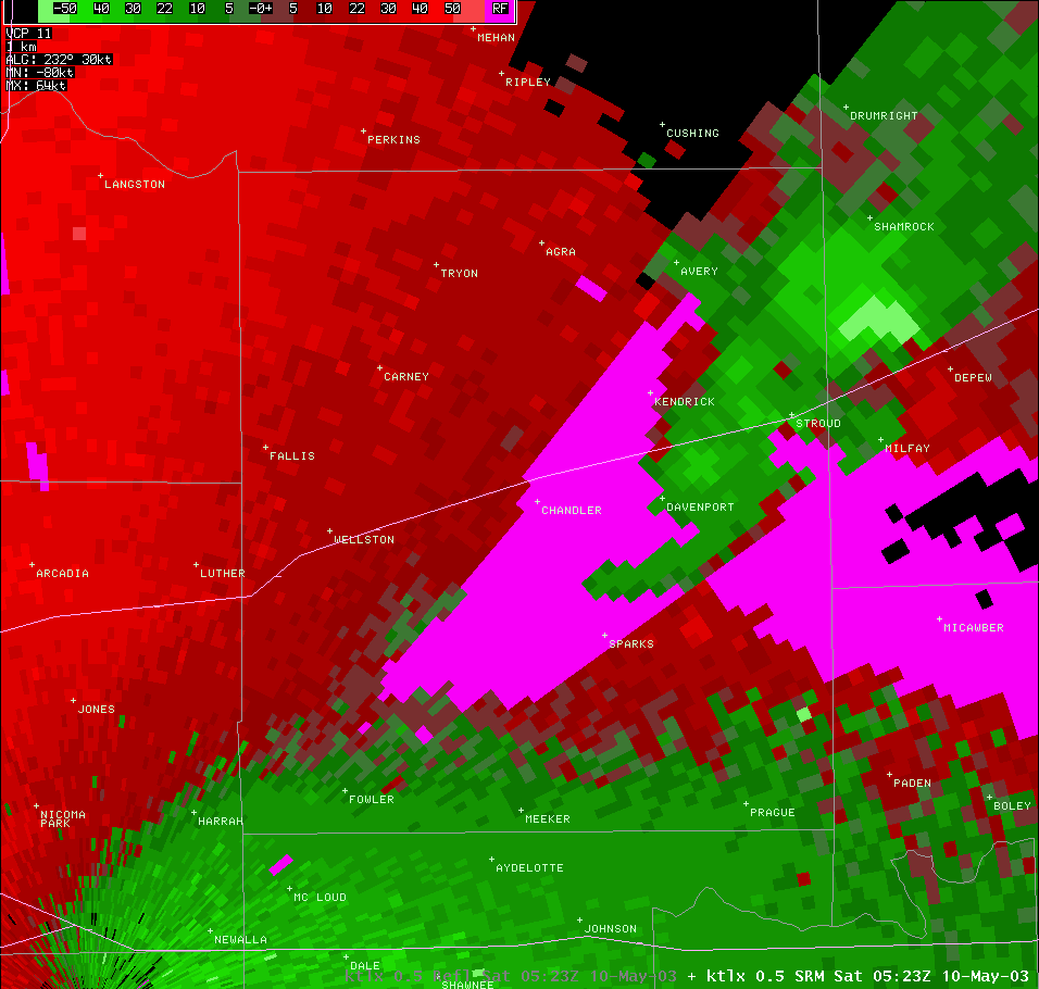 Twin Lakes, OK (KTLX) Storm Relative Velocity for 12:23 AM CDT, 5/10/2003