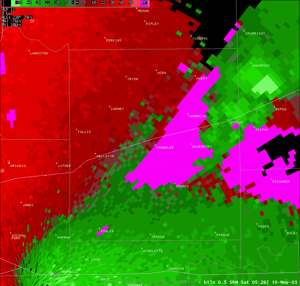 Twin Lakes, OK (KTLX) Storm Relative Velocity for 12:28 AM CDT, 5/10/2003