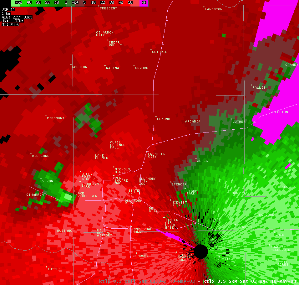 Twin Lakes, OK (KTLX) Storm Relative Velocity Image for 10:04 PM CDT, 5/09/2003