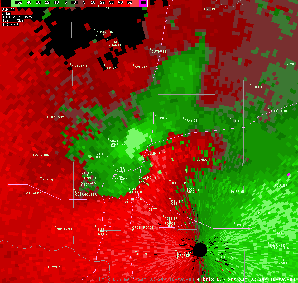 Twin Lakes, OK (KTLX) Storm Relative Velocity Image for 10:29 PM CDT, 5/09/2003