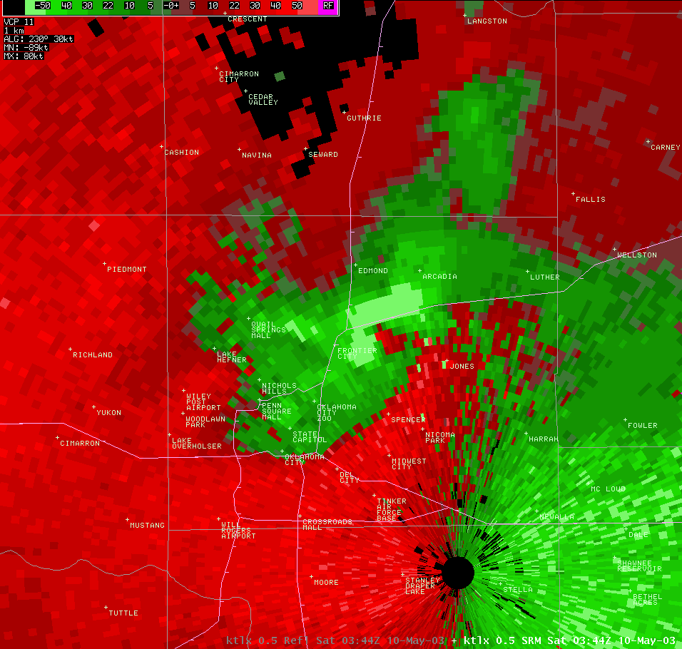Twin Lakes, OK (KTLX) Storm Relative Velocity Image for 10:39 PM CDT, 5/09/2003