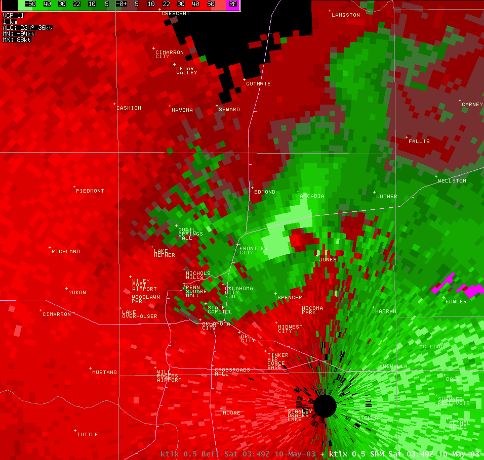 Twin Lakes, OK (KTLX) Storm Relative Velocity Image for 10:44 PM CDT, 5/09/2003