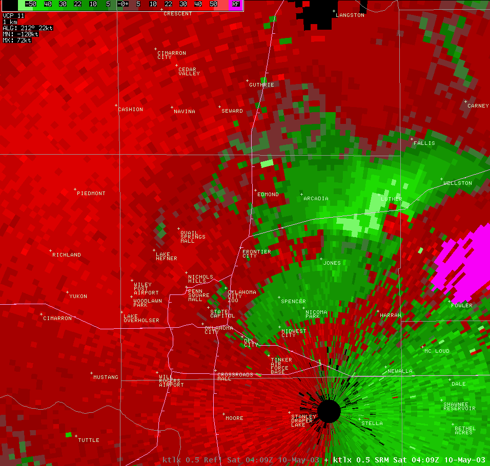 Twin Lakes, OK (KTLX) Storm Relative Velocity Image for 11:09 PM CDT, 5/09/2003