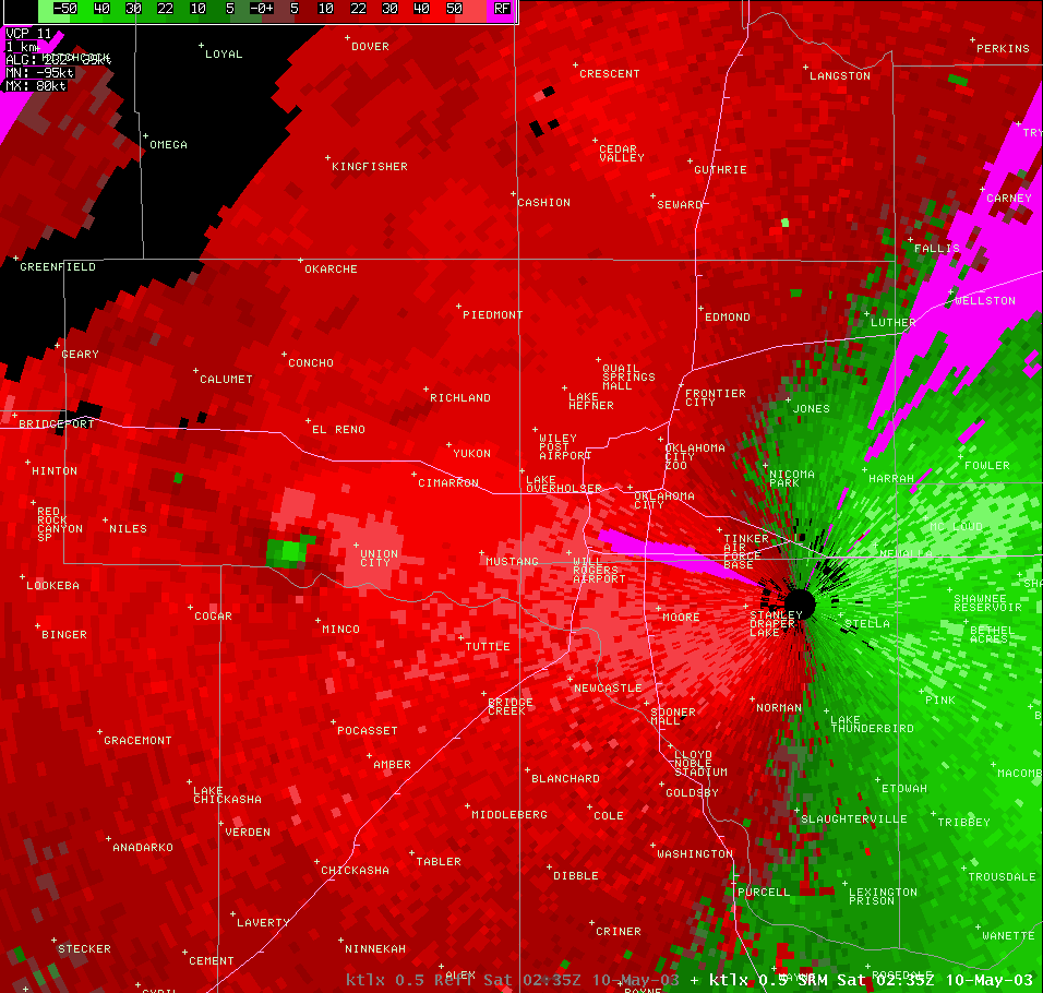 Twin Lakes, OK (KTLX) Storm Relative Velocity Image for 9:30 PM CDT, 5/09/2003