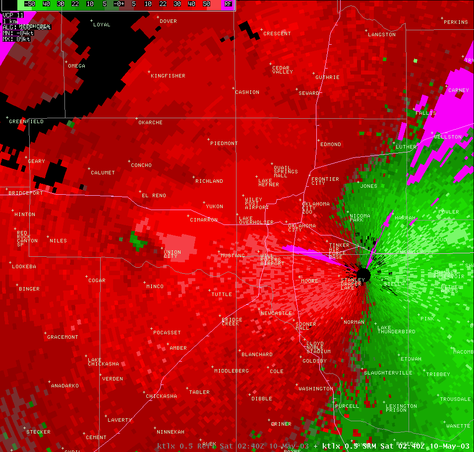 Twin Lakes, OK (KTLX) Storm Relative Velocity Image for 9:40 PM CDT, 5/09/2003