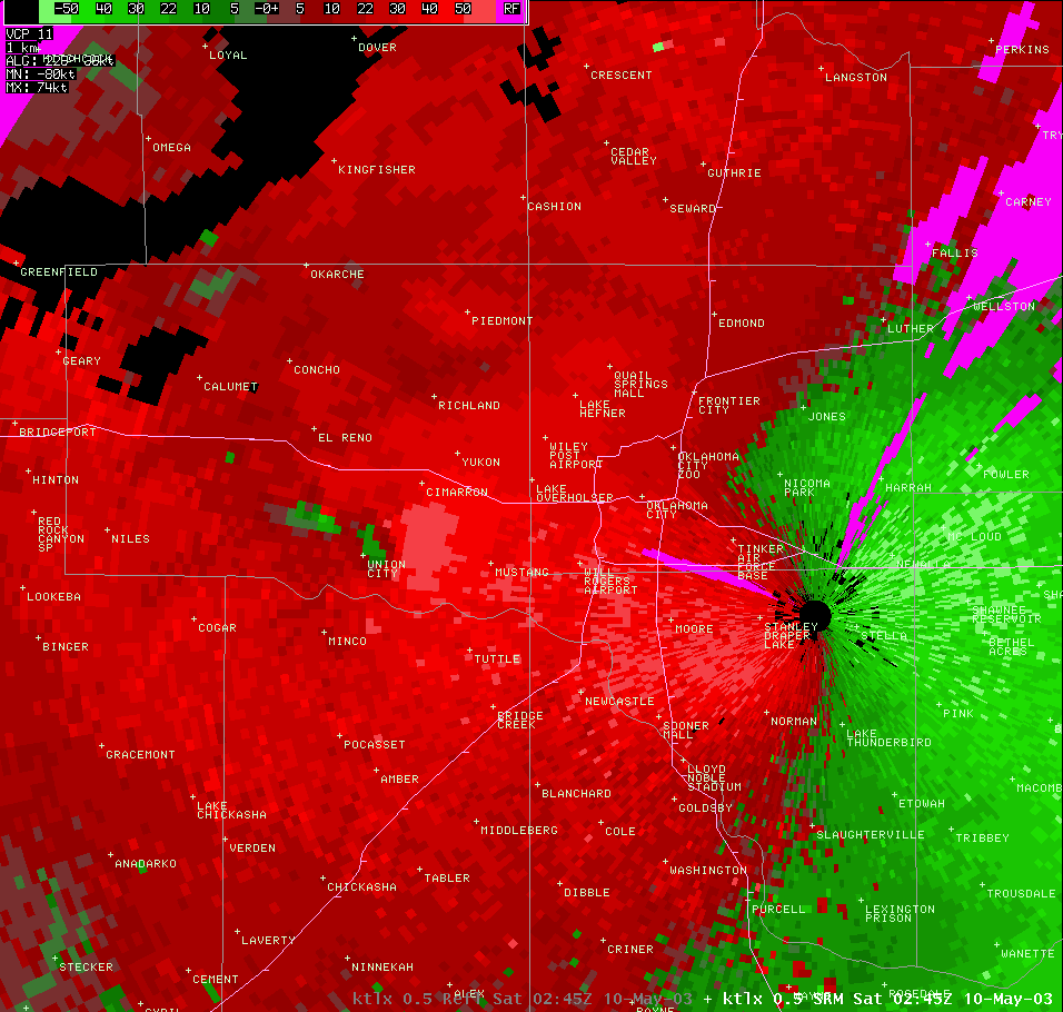 Twin Lakes, OK (KTLX) Storm Relative Velocity Image for 9:45 PM CDT, 5/09/2003
