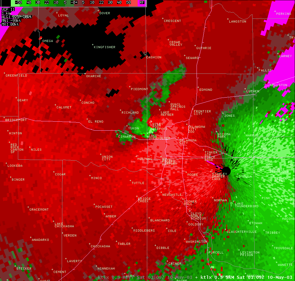 Twin Lakes, OK (KTLX) Storm Relative Velocity Image for 10:09 PM CDT, 5/09/2003