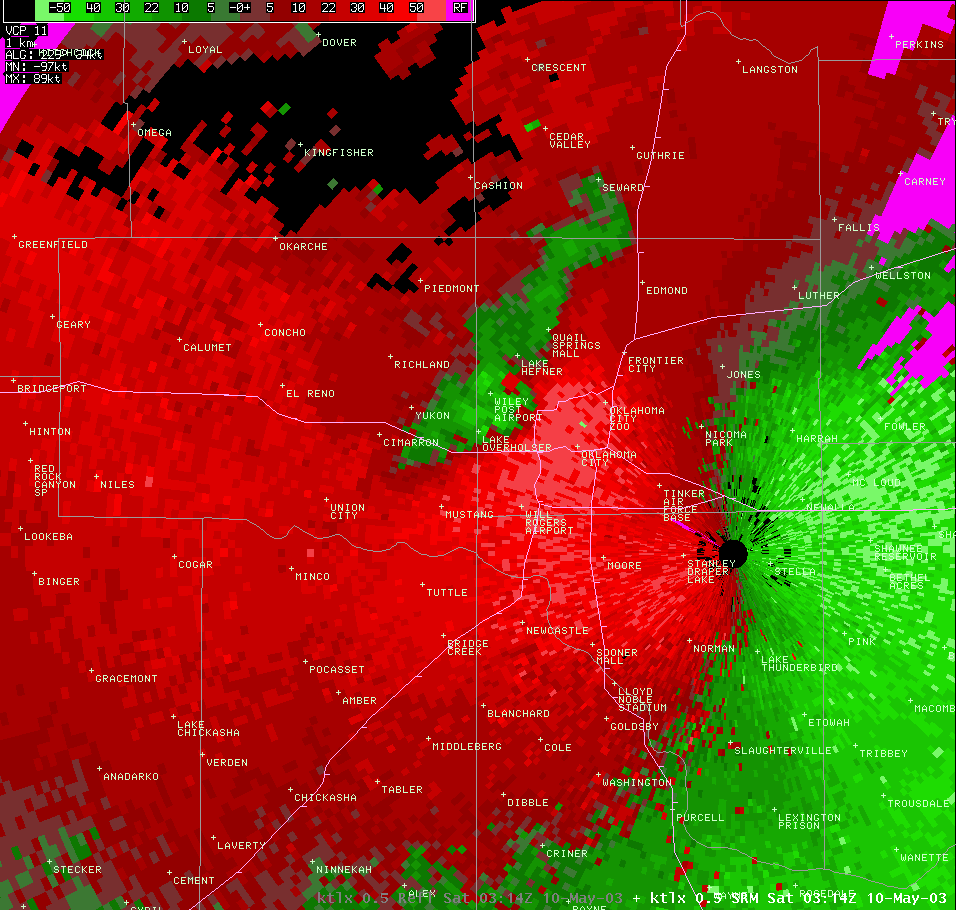 Twin Lakes, OK (KTLX) Storm Relative Velocity Image for 10:14 PM CDT, 5/09/2003