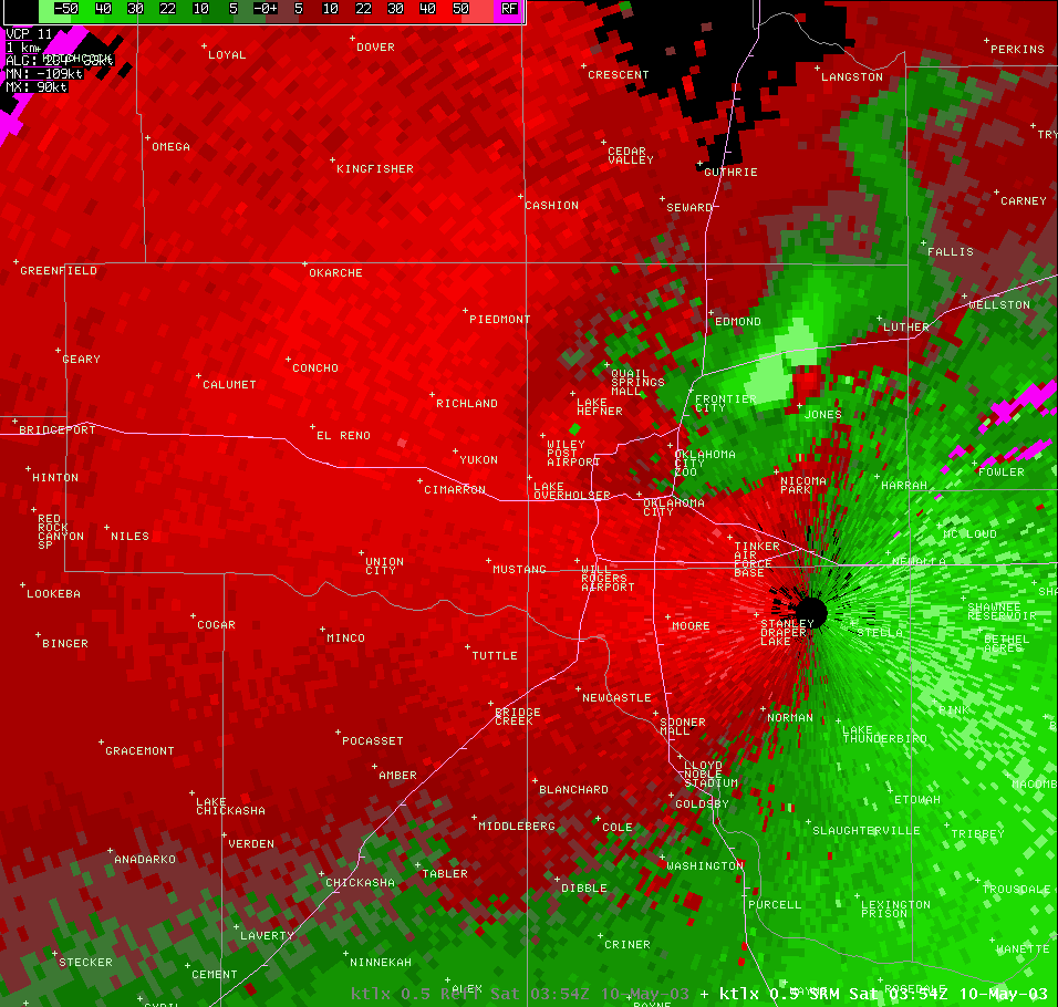 Twin Lakes, OK (KTLX) Storm Relative Velocity Image for 10:54 PM CDT, 5/09/2003