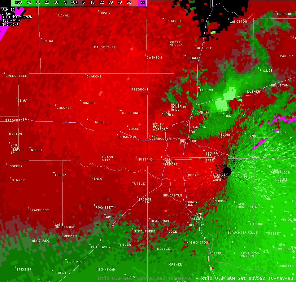 Twin Lakes, OK (KTLX) Storm Relative Velocity Image for 10:59 PM CDT, 5/09/2003