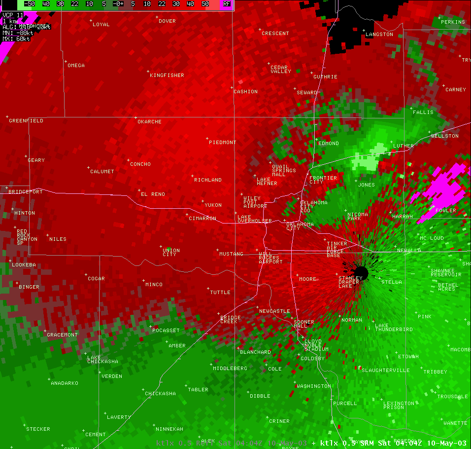 Twin Lakes, OK (KTLX) Storm Relative Velocity Image for 11:04 PM CDT, 5/09/2003