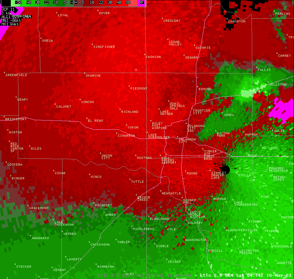 Twin Lakes, OK (KTLX) Storm Relative Velocity Image for 11:14 PM CDT, 5/09/2003