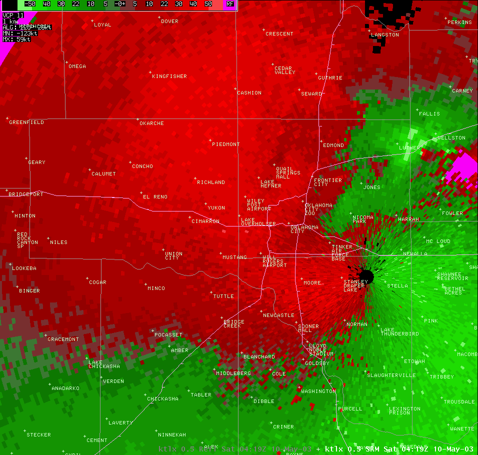 Twin Lakes, OK (KTLX) Storm Relative Velocity Image for 11:19 PM CDT, 5/09/2003