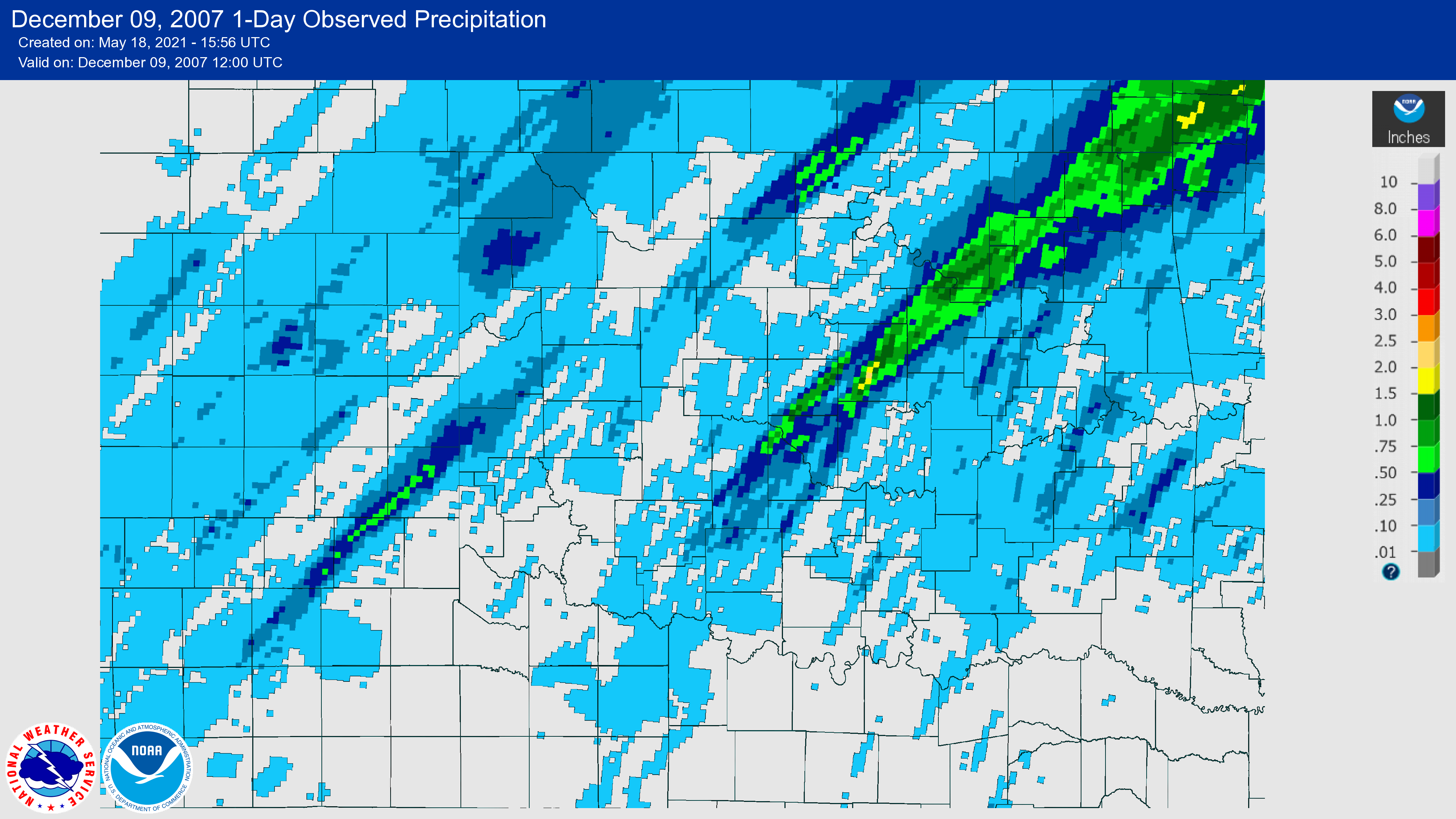 24-hour Precipitation Total ending at 6:00 AM CST on December 9, 2007 for the NWS Norman, Oklahoma Forecast Area